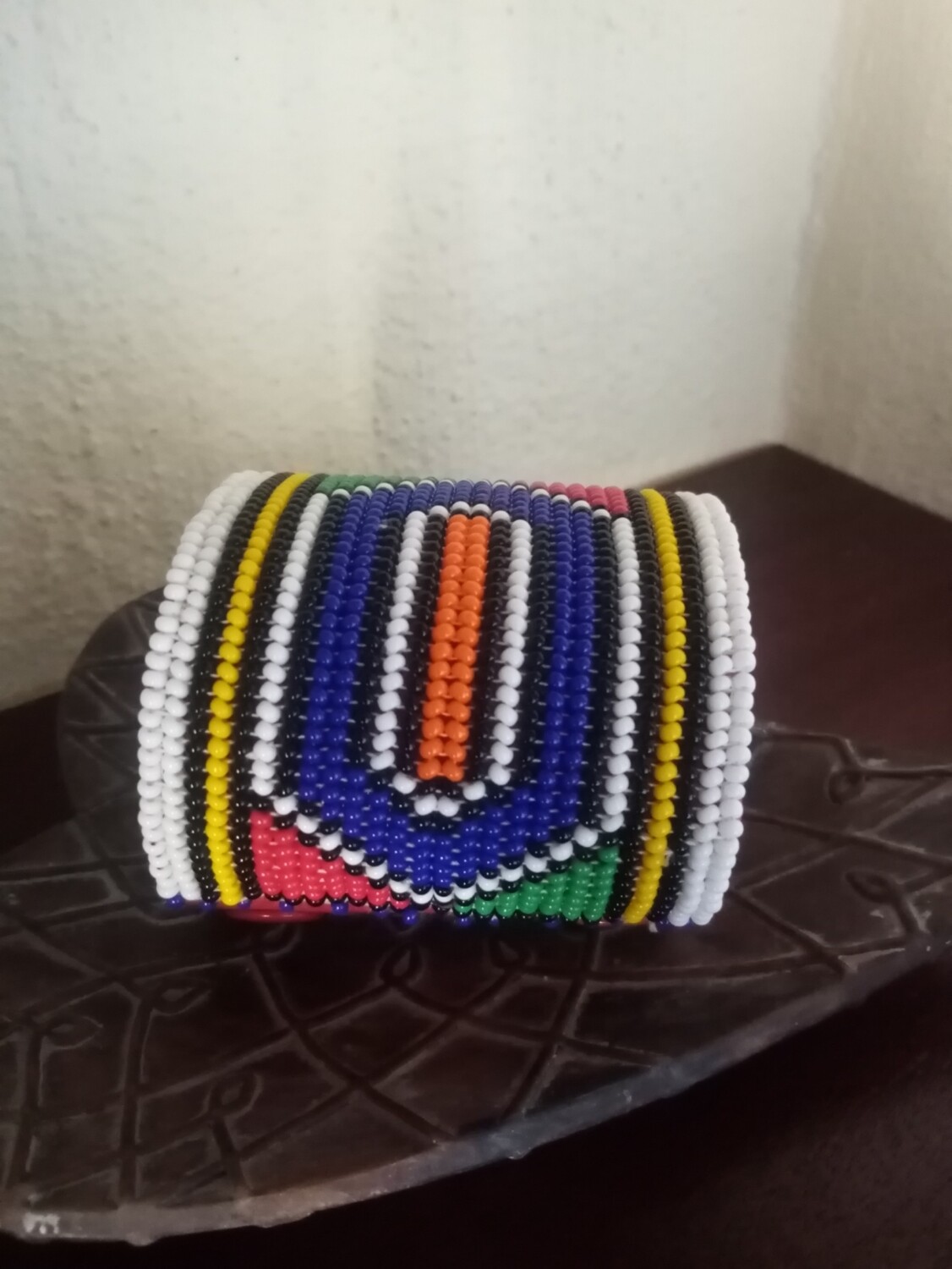 Beaded Cuff with Leather Strap - Ndebele