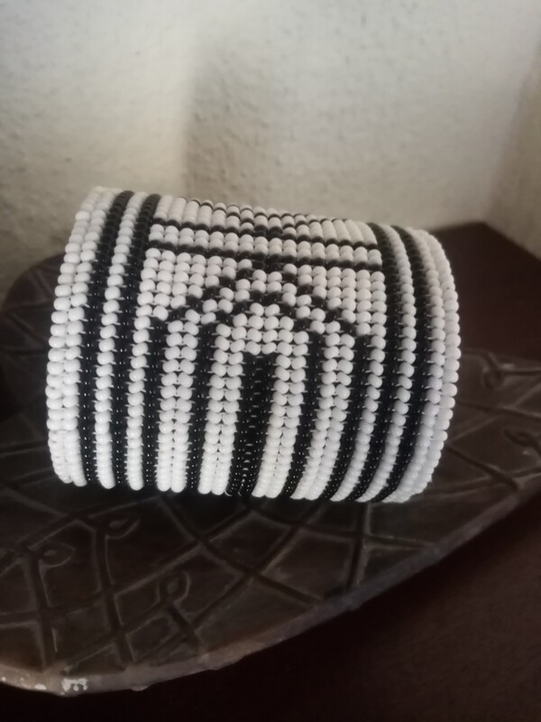 Beaded Cuff with Leather Strap - Black and White