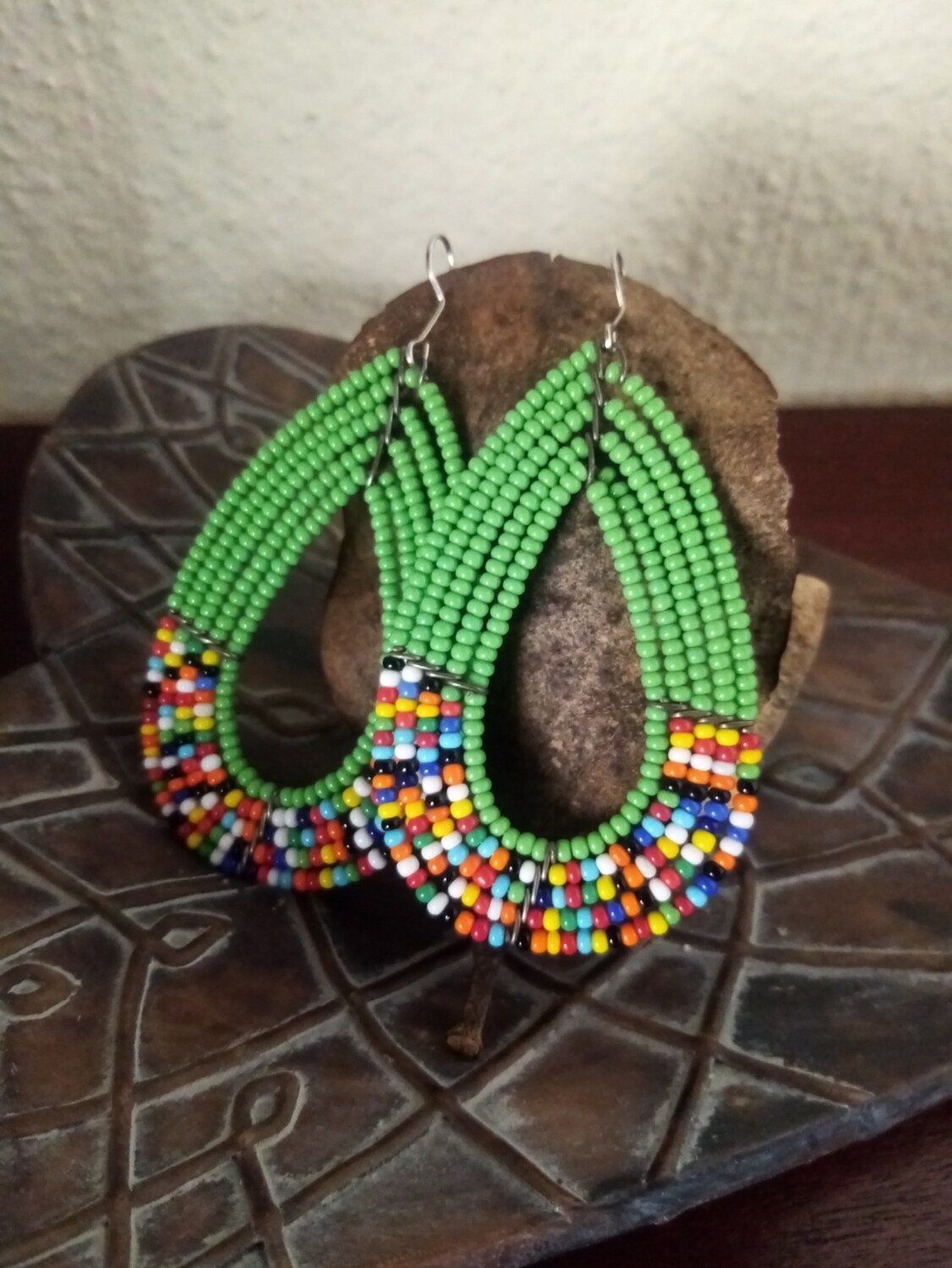 Beaded Large Teardrop Earrings - Green