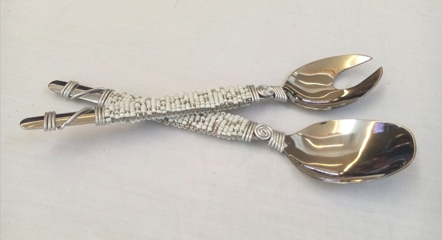 Salad Spoon Set - Beaded White and Silver