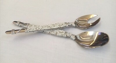 Salad Spoon Set - Beaded White and Silver