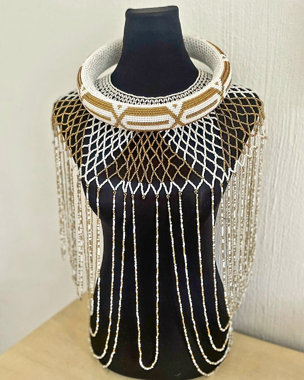 White and Gold Beaded Shawl and Ring