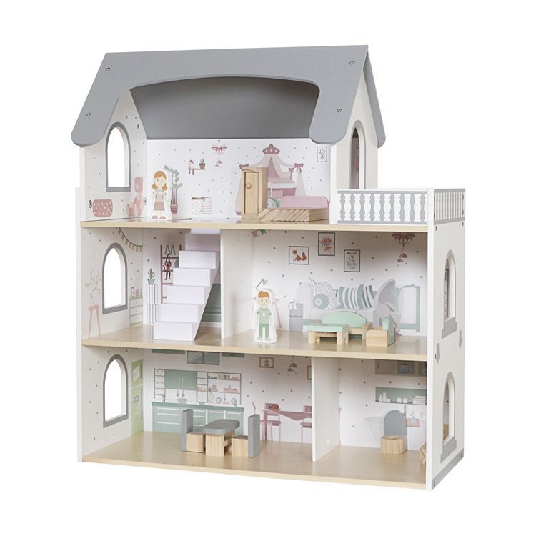 Casita de muñecas de madera con balcón