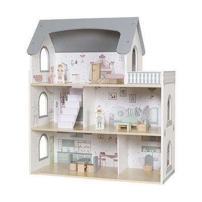 Casita de muñecas de madera con balcón