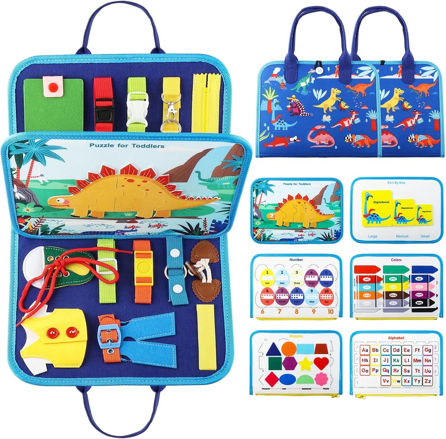 Valija de tela montessori educativa con páginas de actividades - Dino