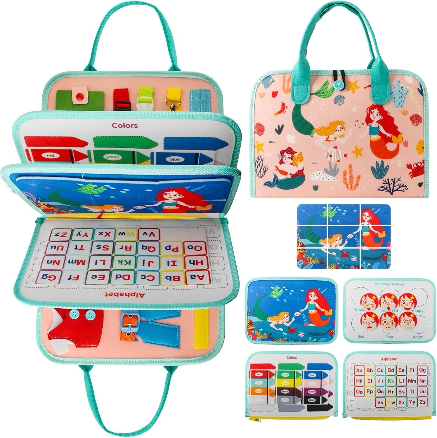 Valija de tela montessori educativa con páginas de actividades - Sirenita
