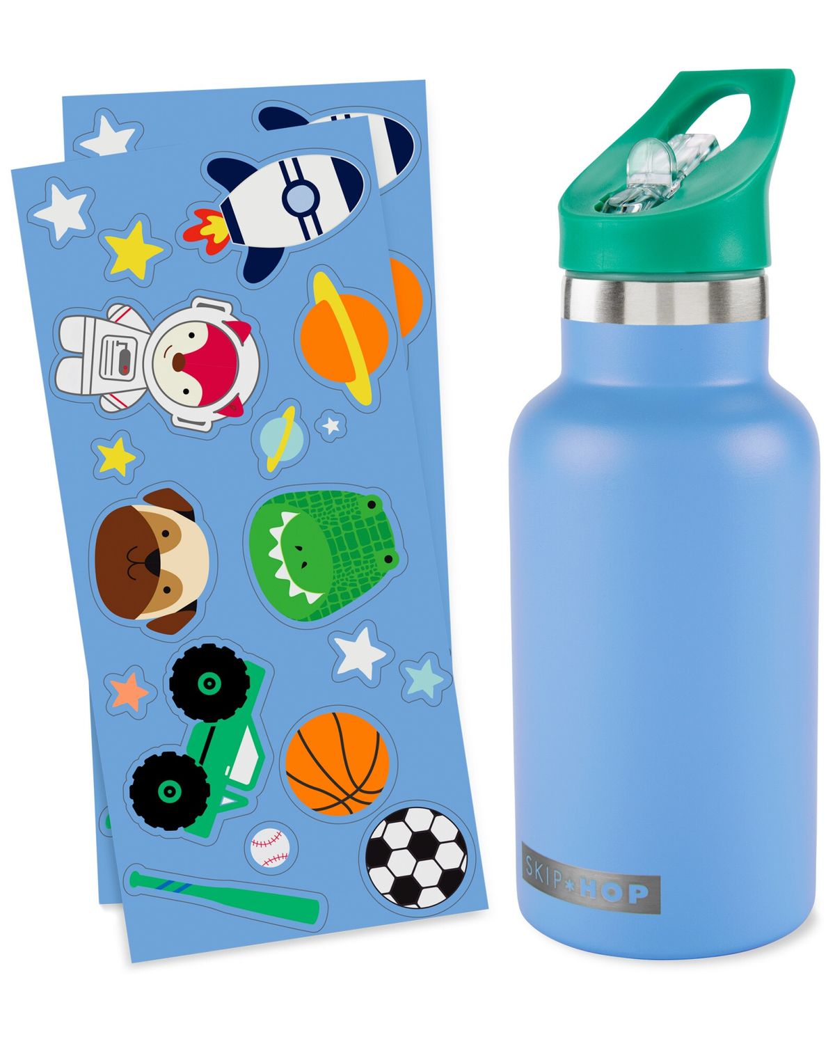 Botella de acero inoxidable con sorbito y stickers, azul
