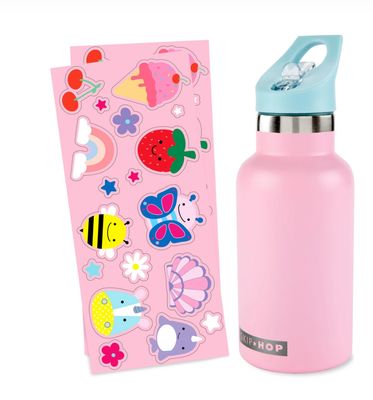 Botella de acero inoxidable con sorbito y stickers, rosada