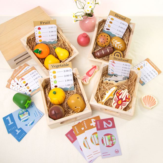 Mini mercadito 4 canastos con accesorios en madera