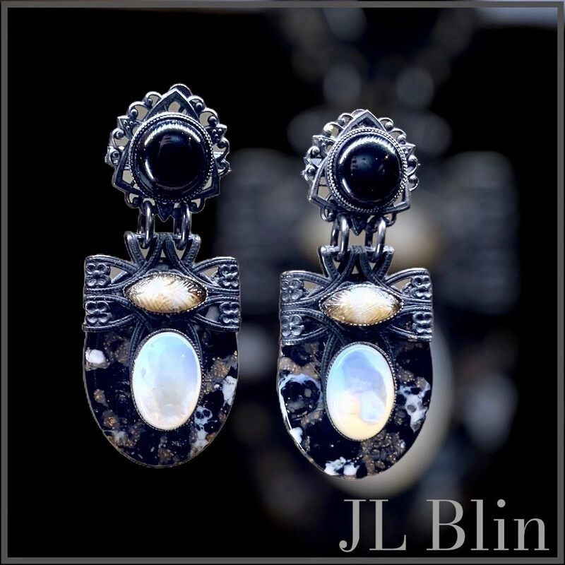 Boucles d&#39;oreilles Vintage JL Blin en Résine Aspect Marbre