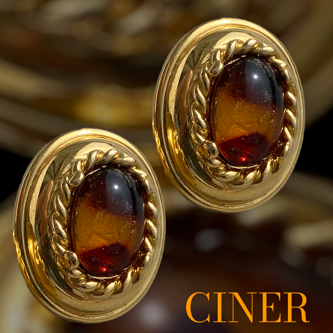 Boucles d&#39;oreilles Vintage Ciner Cabochon Ambre