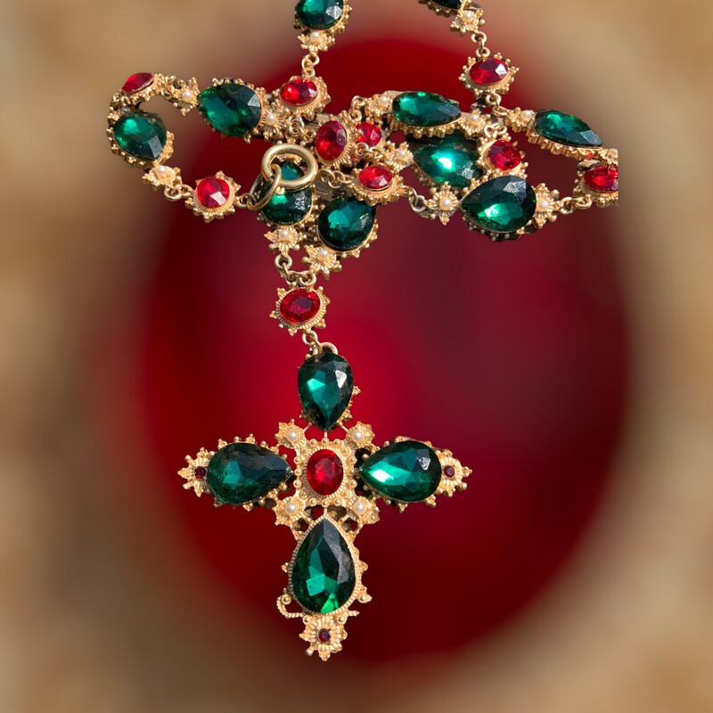 Collier croix en pâte de verre plaqué or