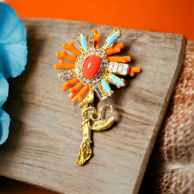 Vintage brooch, Christian Lacroix, flowers with coral imitation petals