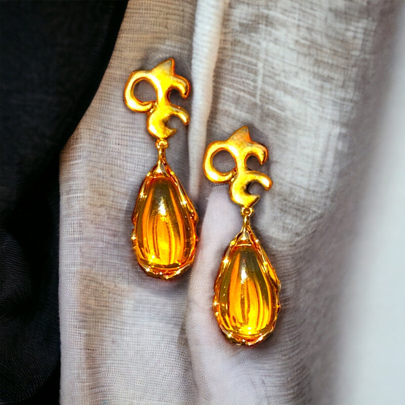 Yves Saint-Laurent vintage pendant earrings, amber yellow Lucite