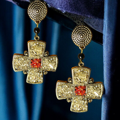 Vintage Cross and Glass Beads Earrings