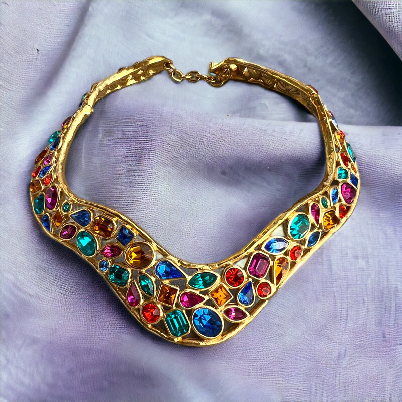 Plastron vintage Yves saint Laurent tout en cristal multicolore goossens 80 ´