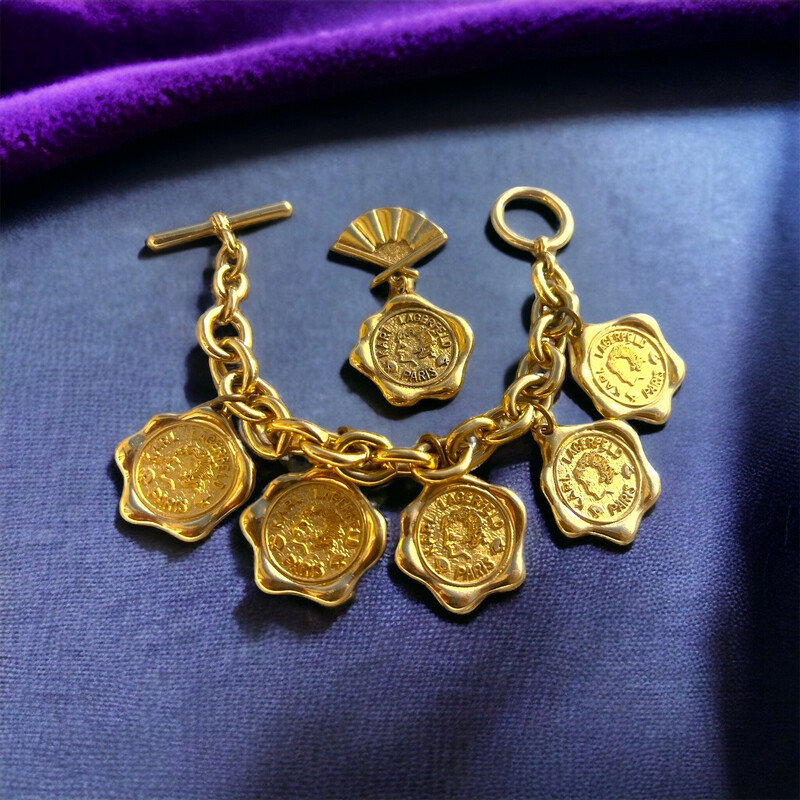 Vintage bracelet and Brooch set Karl Lagerfeld golden metal piece