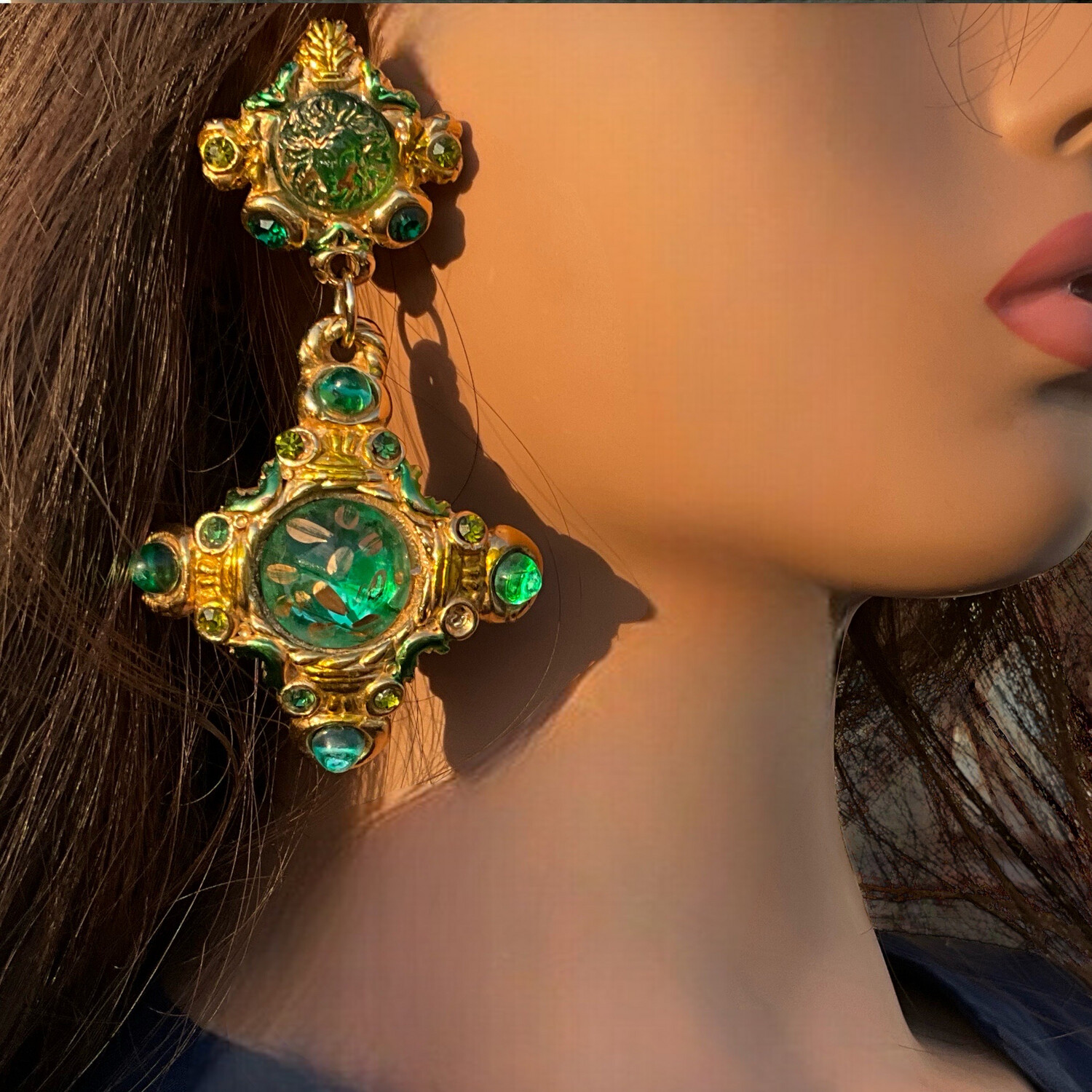 Unsigned Jacky De g oversize earrings, pendants in green color