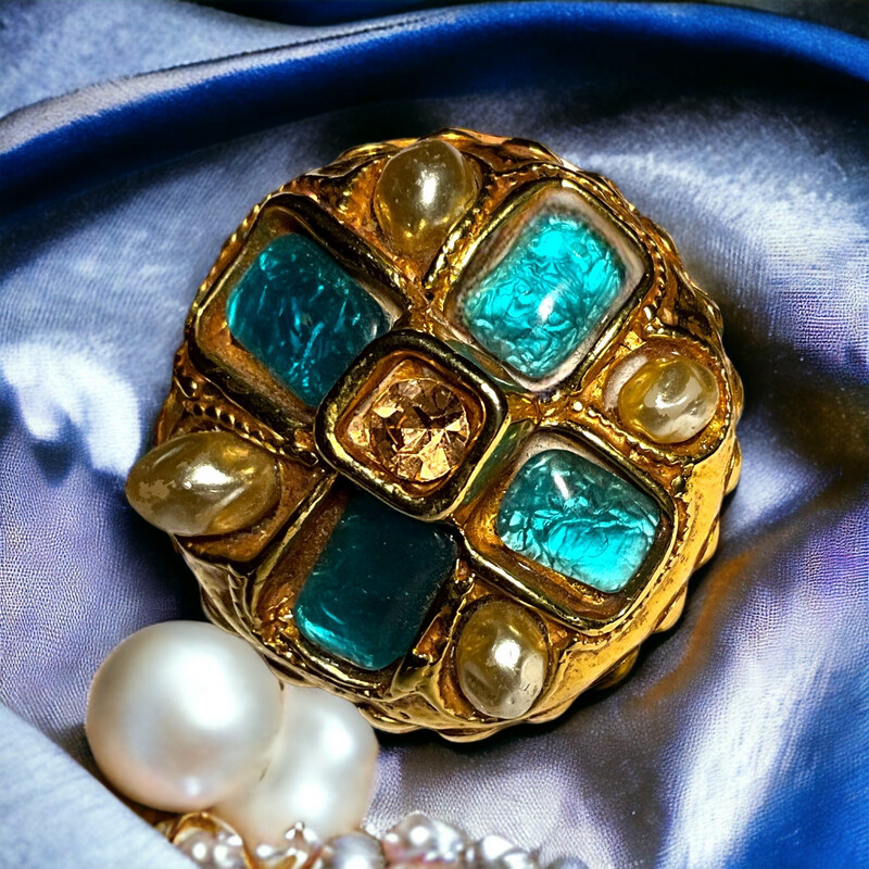 Vintage pearl and blue and green glass brooch, signed Kalinger