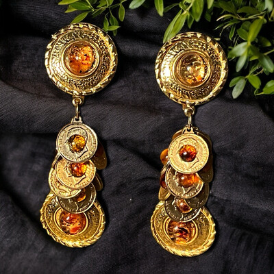 Boucles d’oreilles pendantes vintage en métal doré, couleur ambré