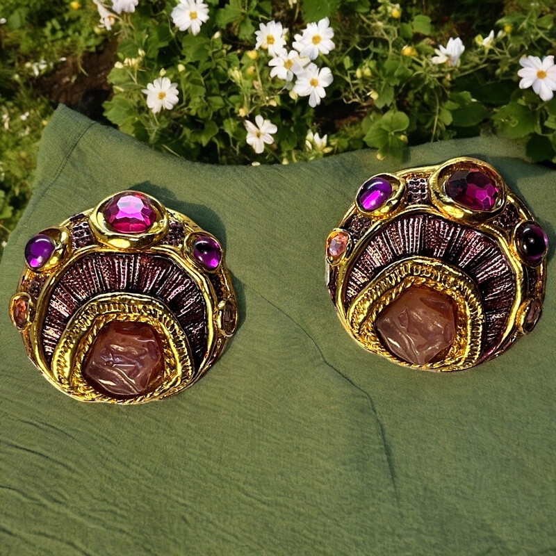 Unsigned vintage earrings, oversized, resin brass and Swarovski crystal