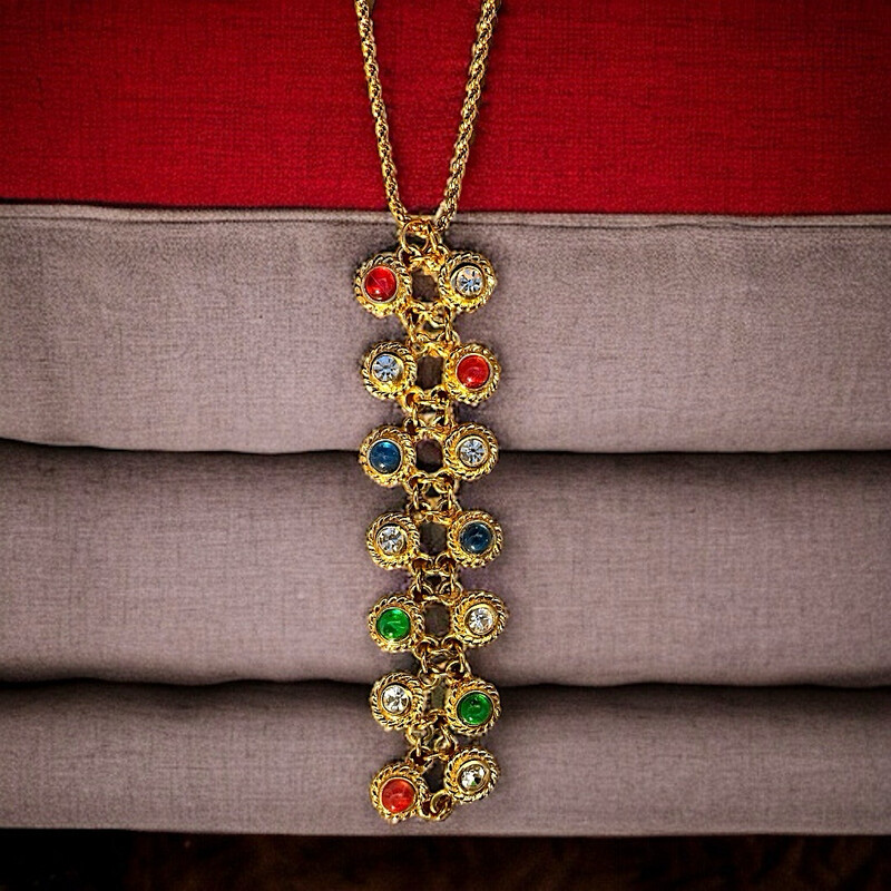 Vintage Y pendant necklace, signed Christian Dior, multicoloured cabochons