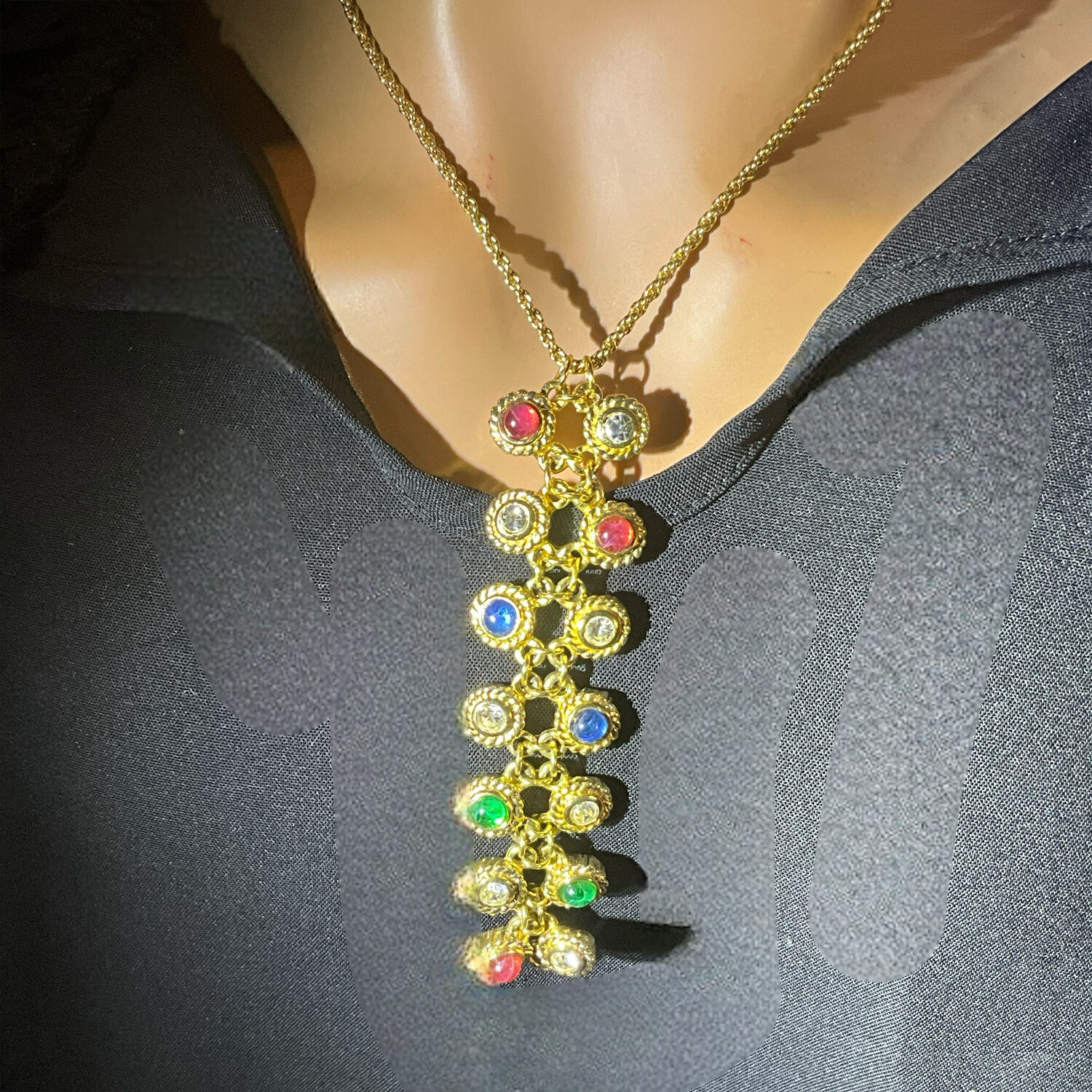Vintage Y pendant necklace, signed Christian Dior, multicoloured cabochons