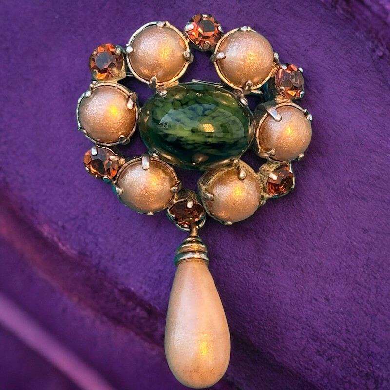Vintage gripoix pearl effect brooch and glass paste, signed Dior