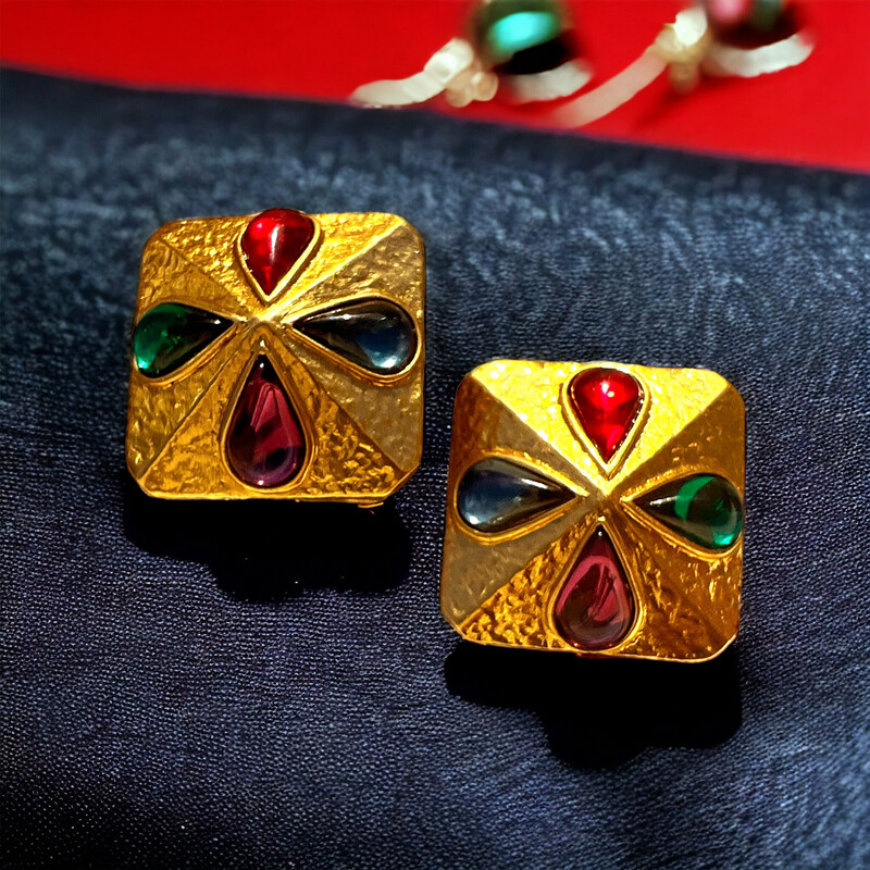 Yves Saint Laurent square vintage earrings with multicoloured cabochons