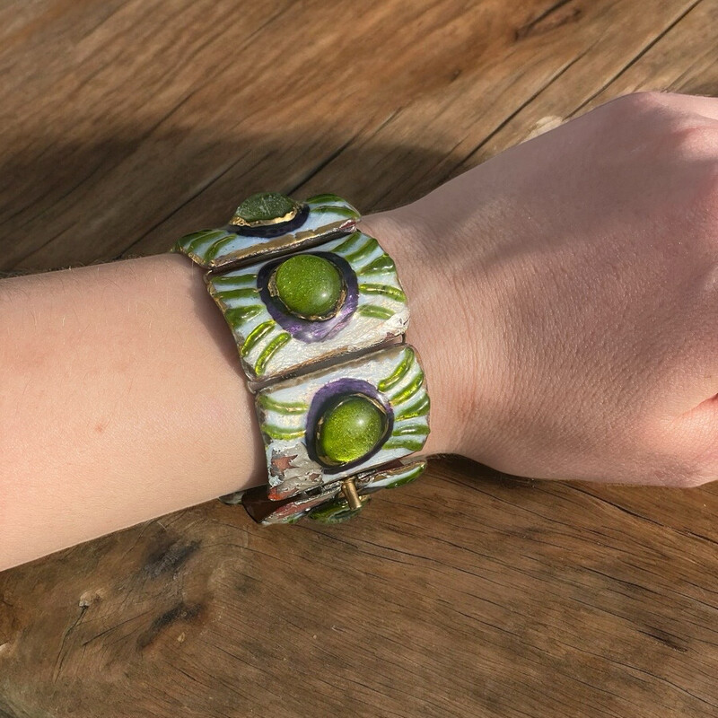 Bracelet vintage signé Andrée Bazot, en pâte de verre et céramique