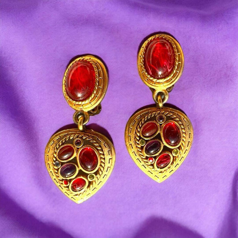 Vintage red heart pendant earrings, signed by Oscar de La Renta