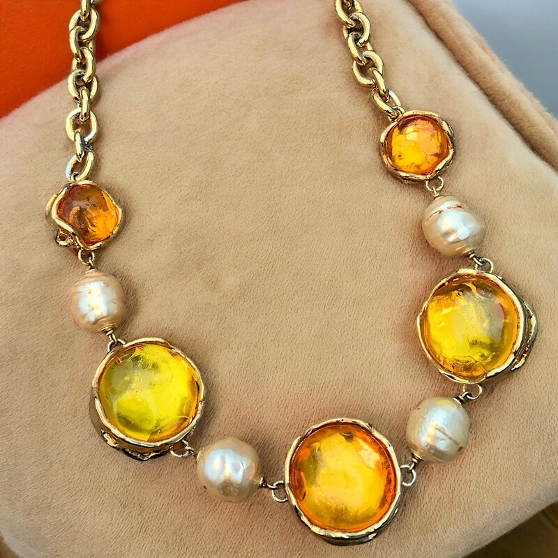 Vintage yellow and amber resin necklace, gripoix beads, signed Yves Saint Laurent
