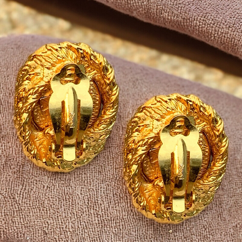 Vintage gold metal green resin earrings signed Yves Saint Laurent