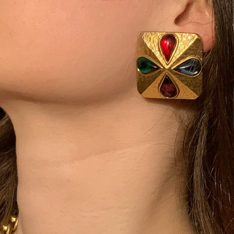 Yves Saint Laurent square vintage earrings with multicoloured cabochons
