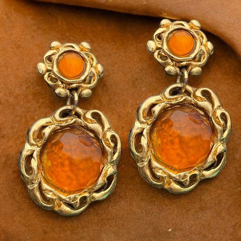 Unsigned La Rose Pourpre vintage earrings, amber / orange resin
