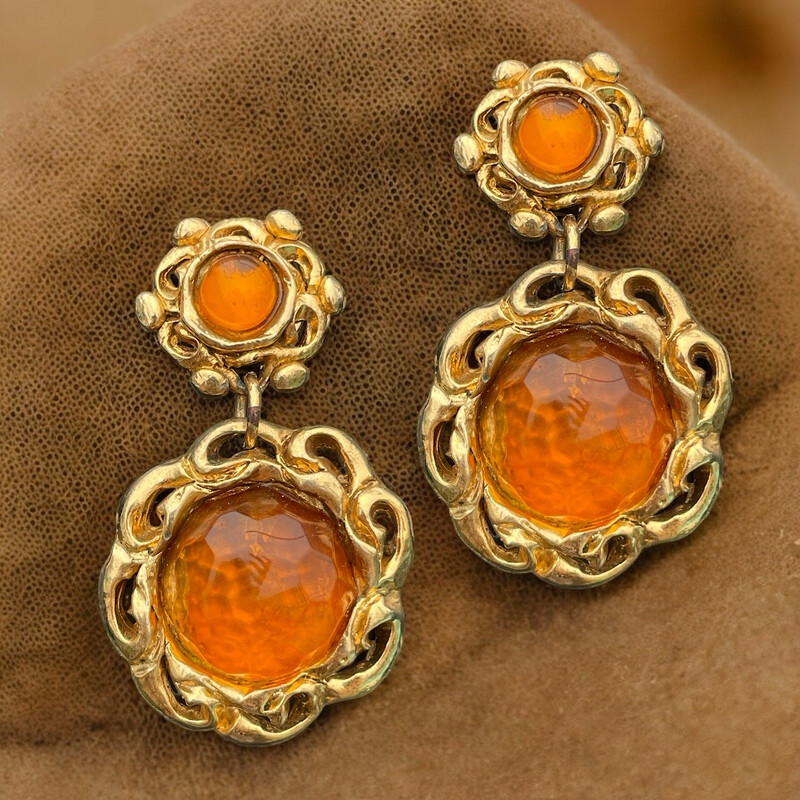 Unsigned La Rose Pourpre vintage earrings, amber / orange resin