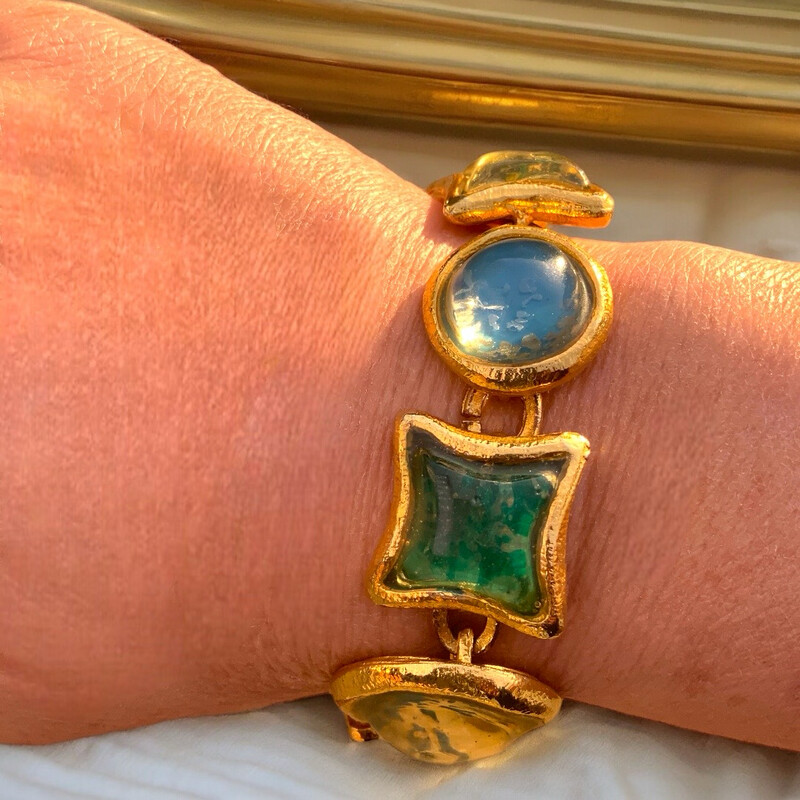 Vintage resin bracelet in blue and green tones, signed L&#39;Or du Soir