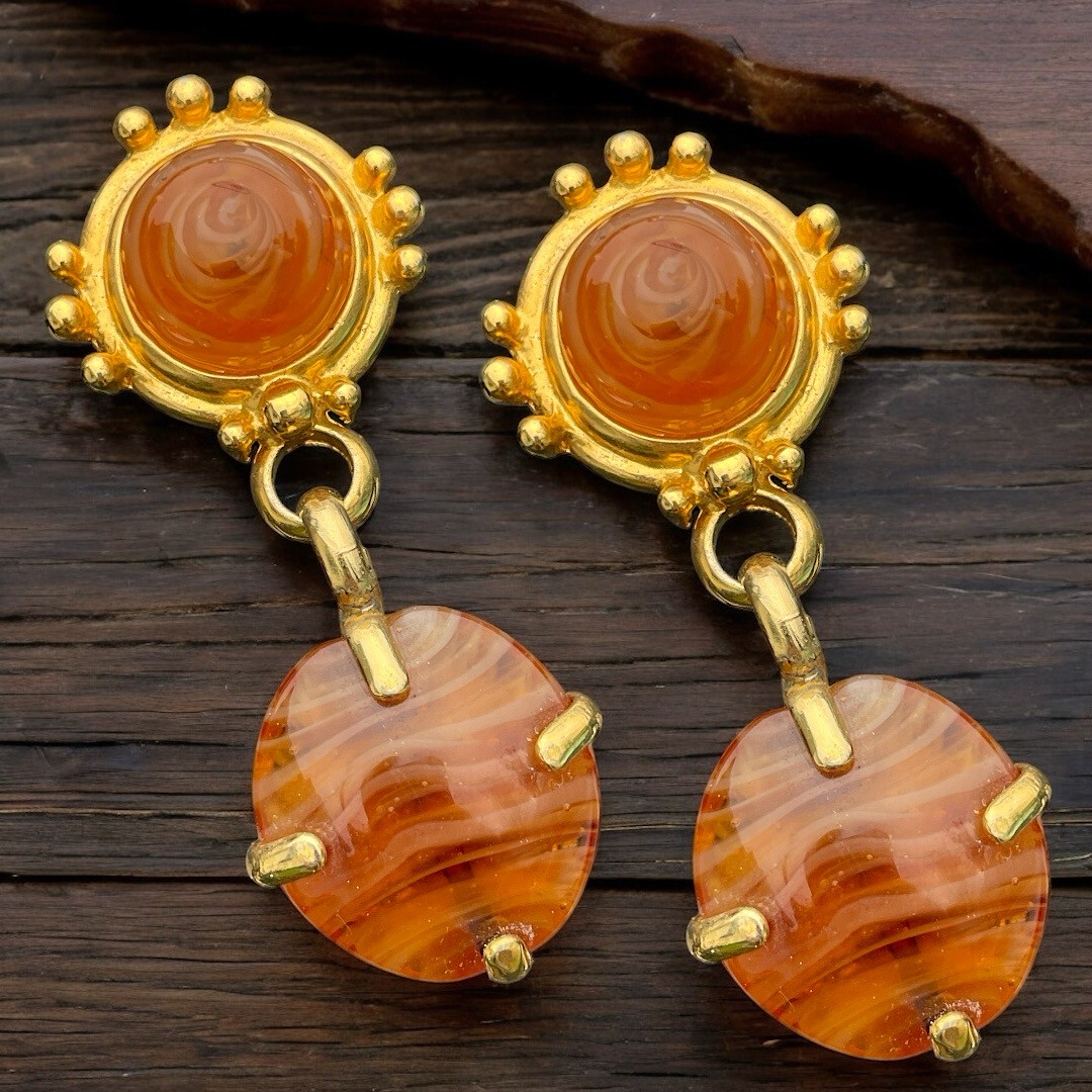 Vintage earrings signed by Giorgio Armani gold metal and orange carnel