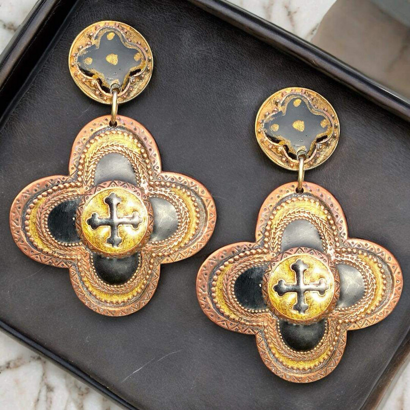 Vintage pendant earrings in copper metal cross St Tropez