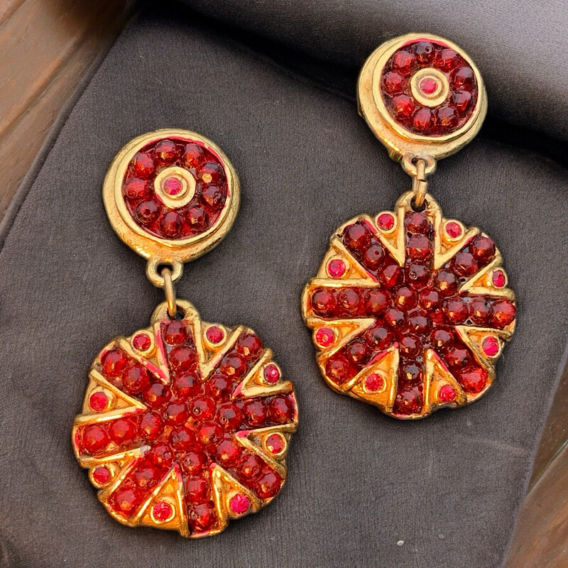 Jacky de G signed hanging earrings, red crystals