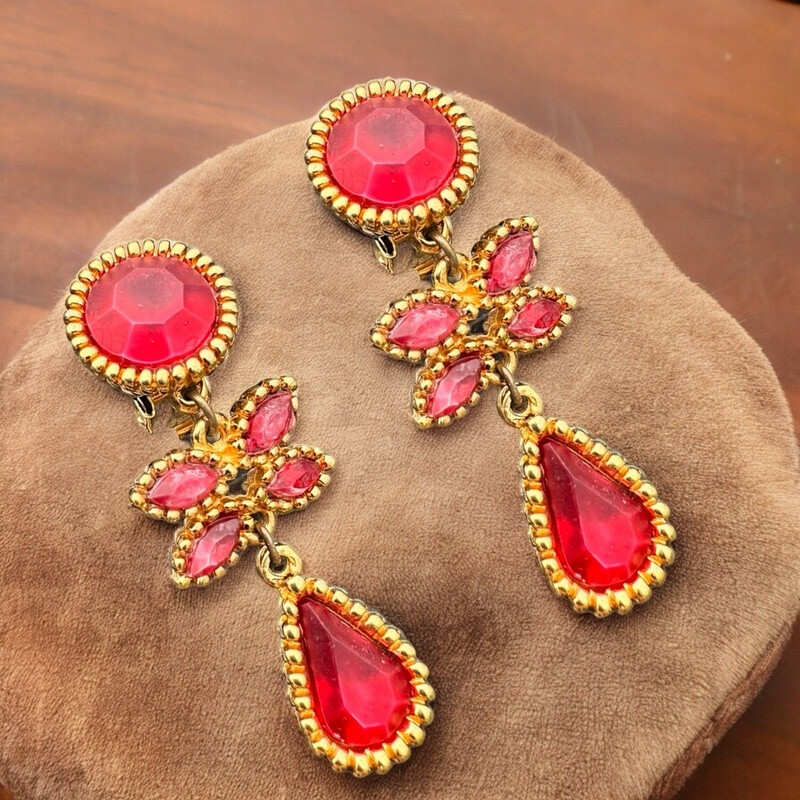 Red resin flower pendant earrings, not signed