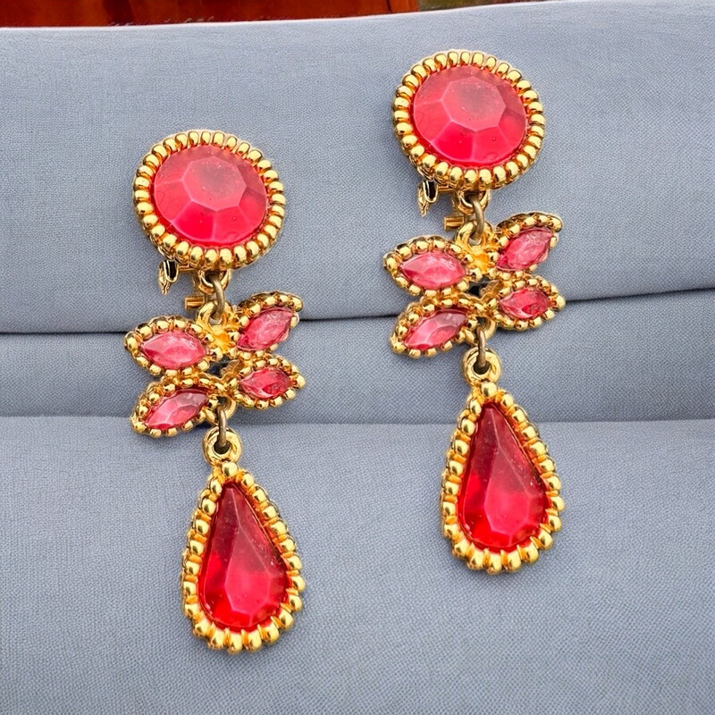 Red resin flower pendant earrings, not signed