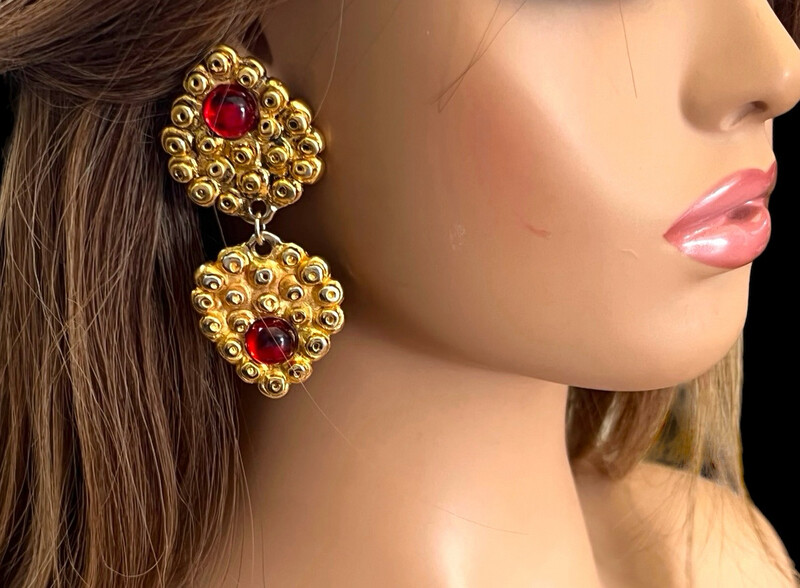 Pendant earrings signed Philippe Audibert, gold metal and red resin