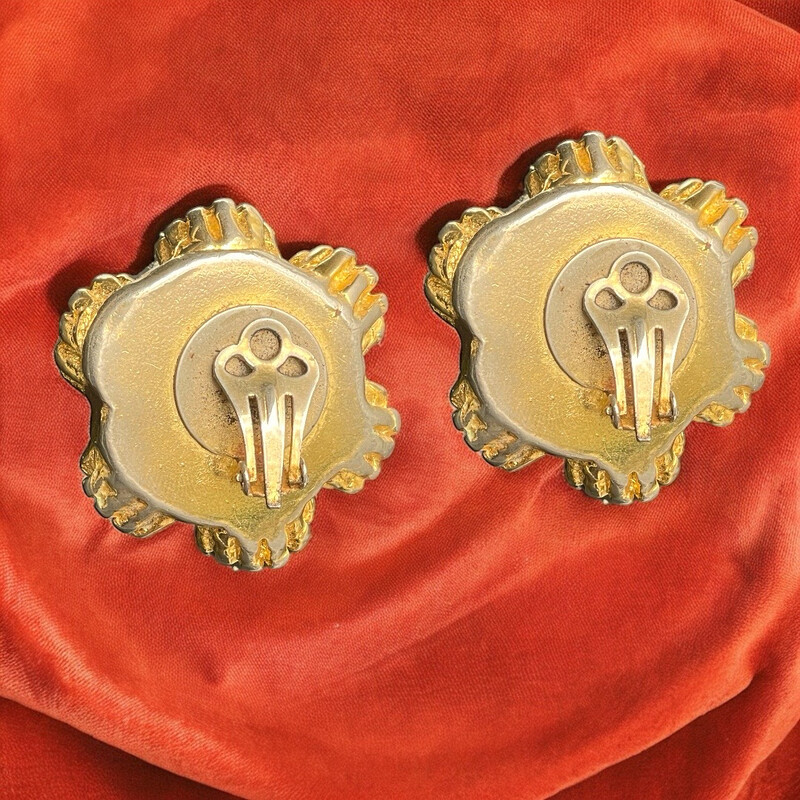 Vintage earrings unsigned gold metal and multi-coloured resin