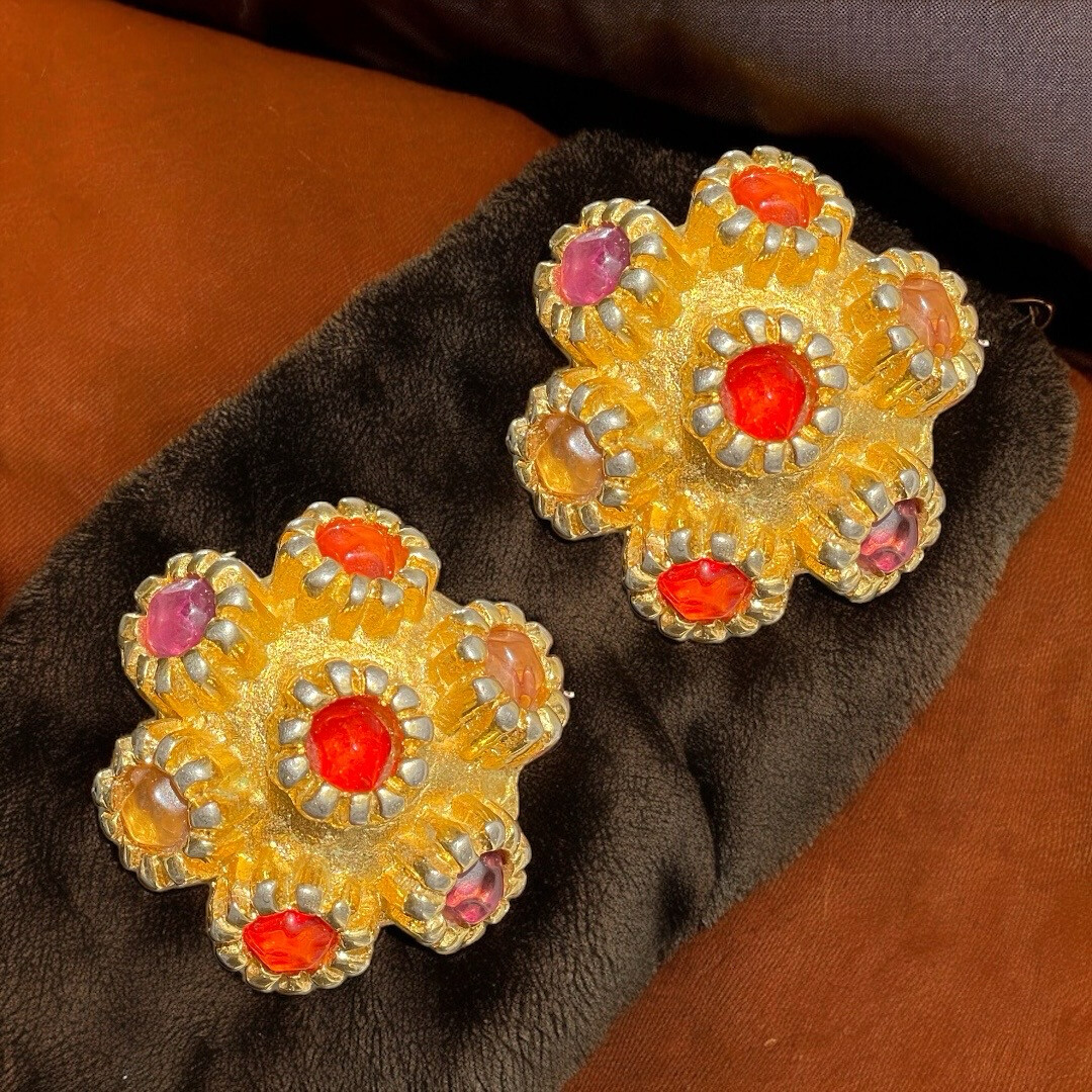 Vintage earrings unsigned gold metal and multi-coloured resin