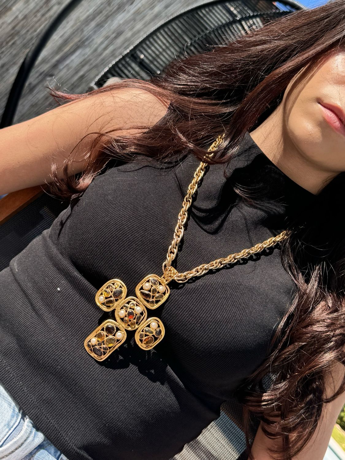 Rare necklace chain and cross oversize Chanel gripoix 70s