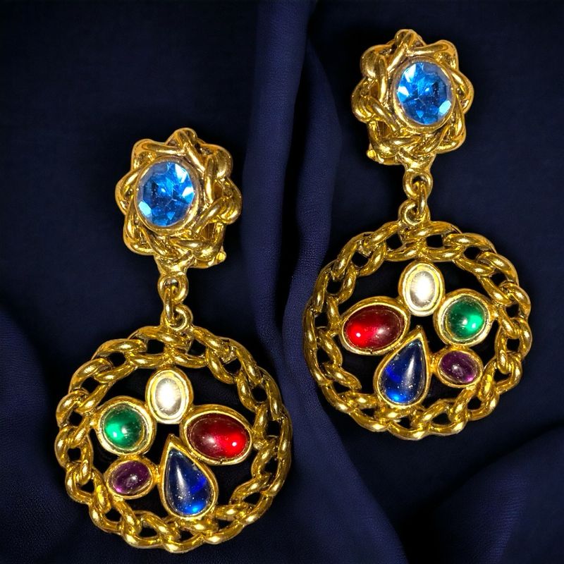 Vintage Pendant Earrings with Colored Cabochons