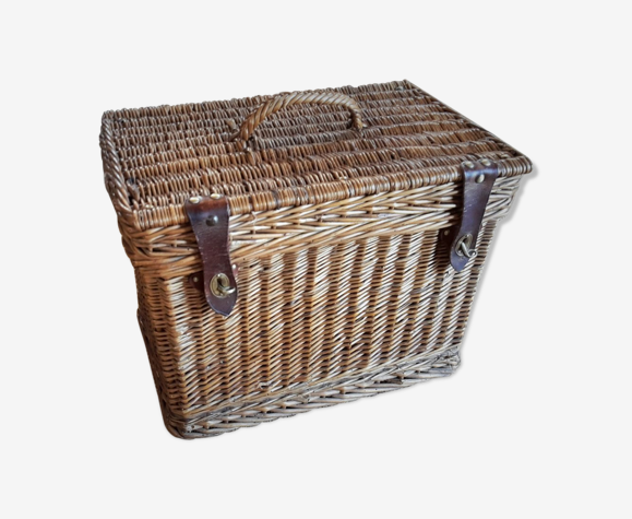 Panier pique nique en osier avec couvercle liens cuir