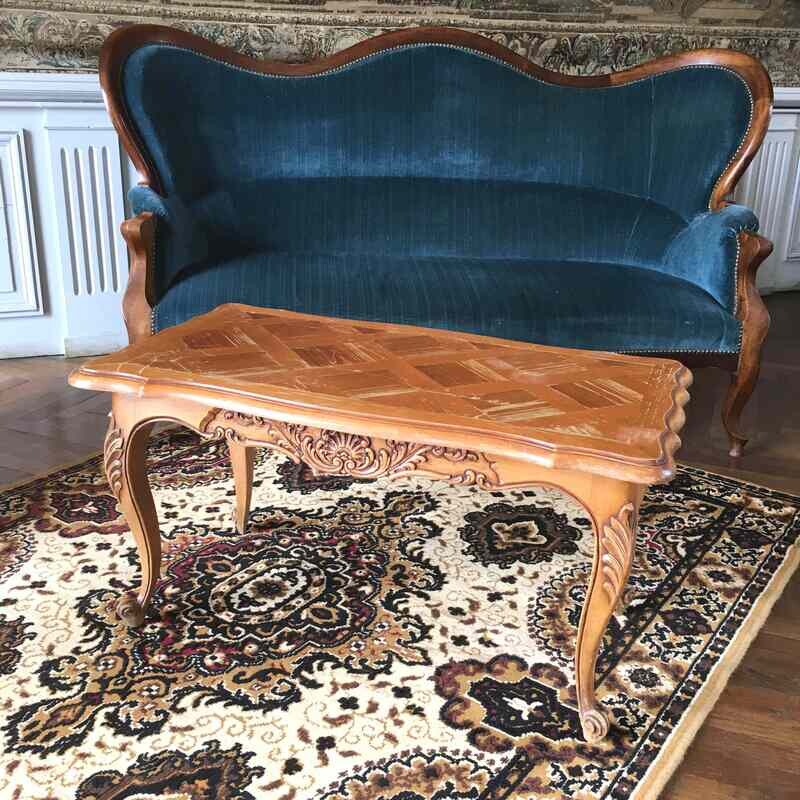 Table basse bois pieds travaillés marquetterie