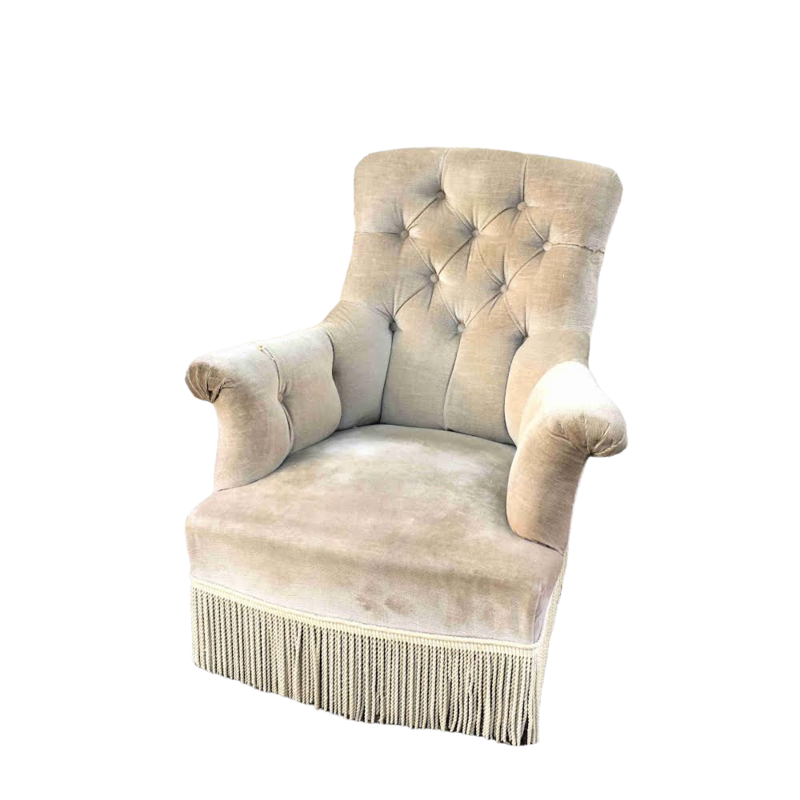 Fauteuil anglais velours gris capitonné
